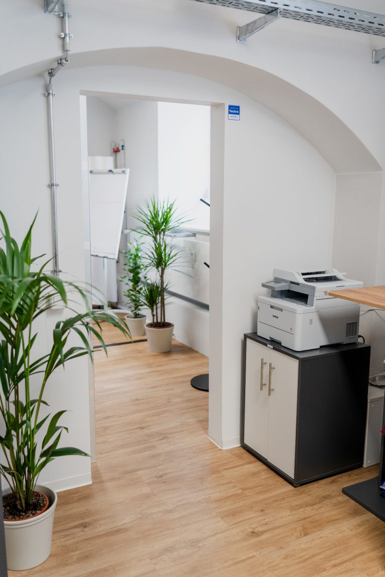 Drucker und Scanner Büroansicht mit Pflanzen, Kopierer und Durchgang zu einem hellen Raum.