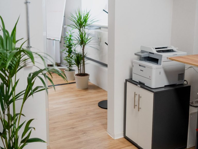 Drucker- und Scanner-Station sowie Durchgang zum nächsten Raum mit Pflanzen.