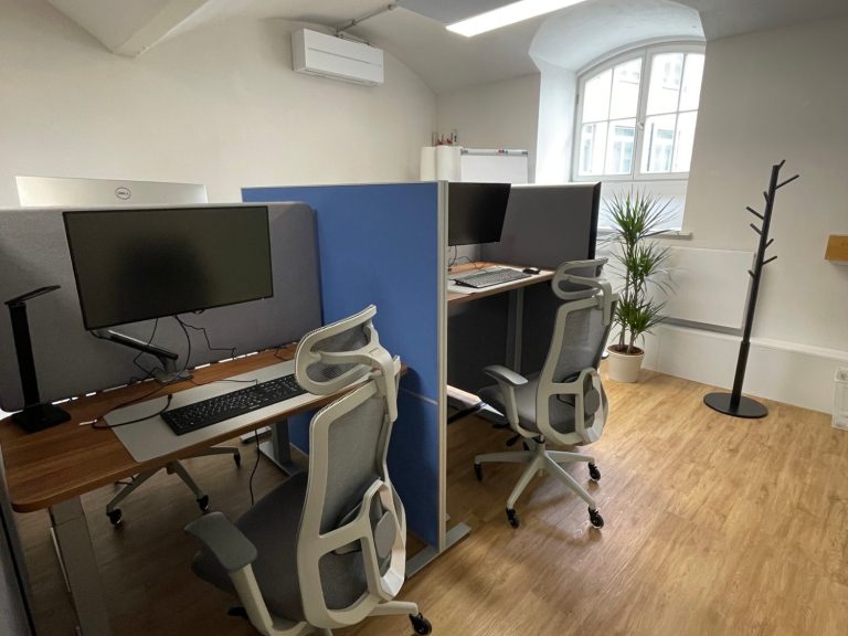 Büro mit zwei Arbeitsplätzen, Monitore, Stühle und eine Pflanze in der Ecke.